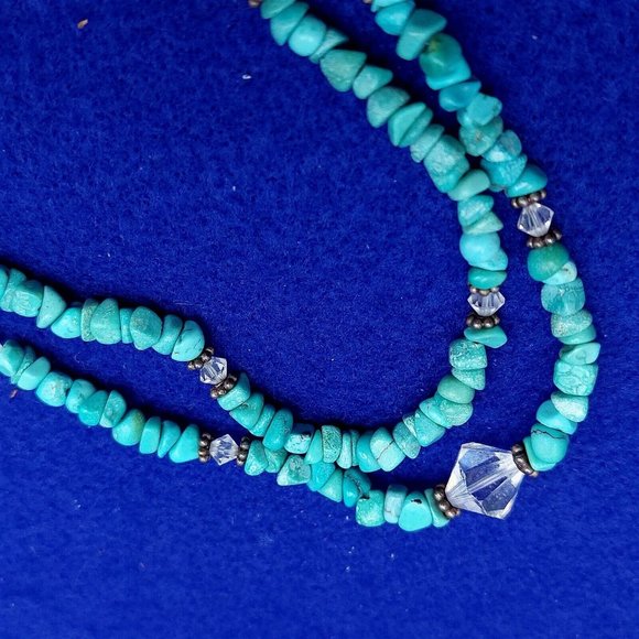 Necklace Choker Turquoise Stone Clear Bead Feather Charm Slide Clasp Vintage 14" - Picture 7 of 8